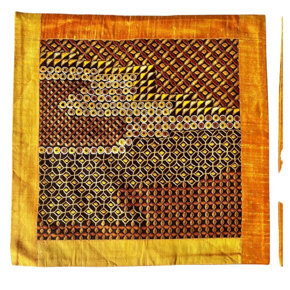 Handcrafted Shrujan Raw Silk Embroidered Cushion Covers 16"x16" Gold Pair NWT - Picture 7 of 16